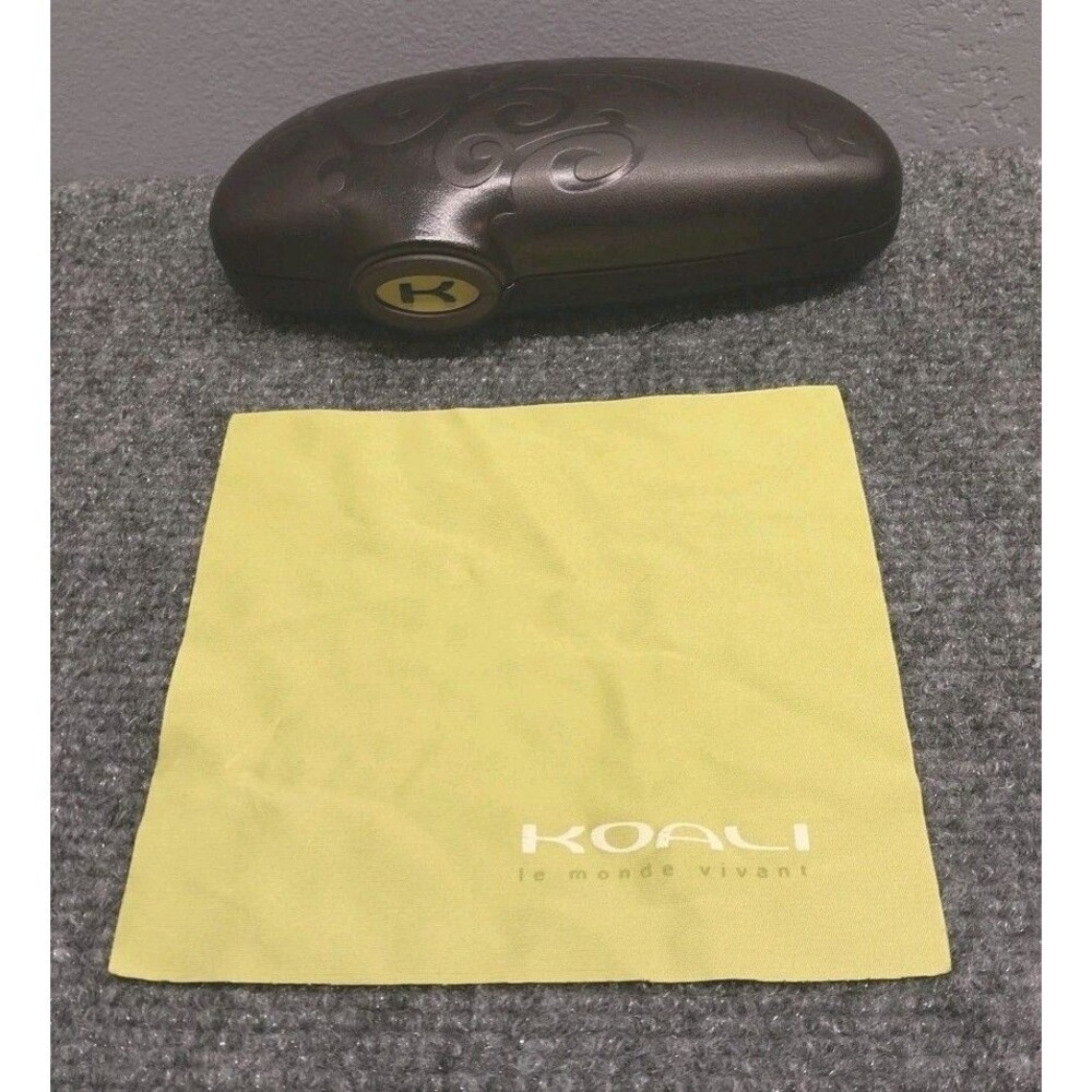Koali Hard Shell Eyeglass Case Brown Yellow Embossed Logo w/ Cleaning Cloth